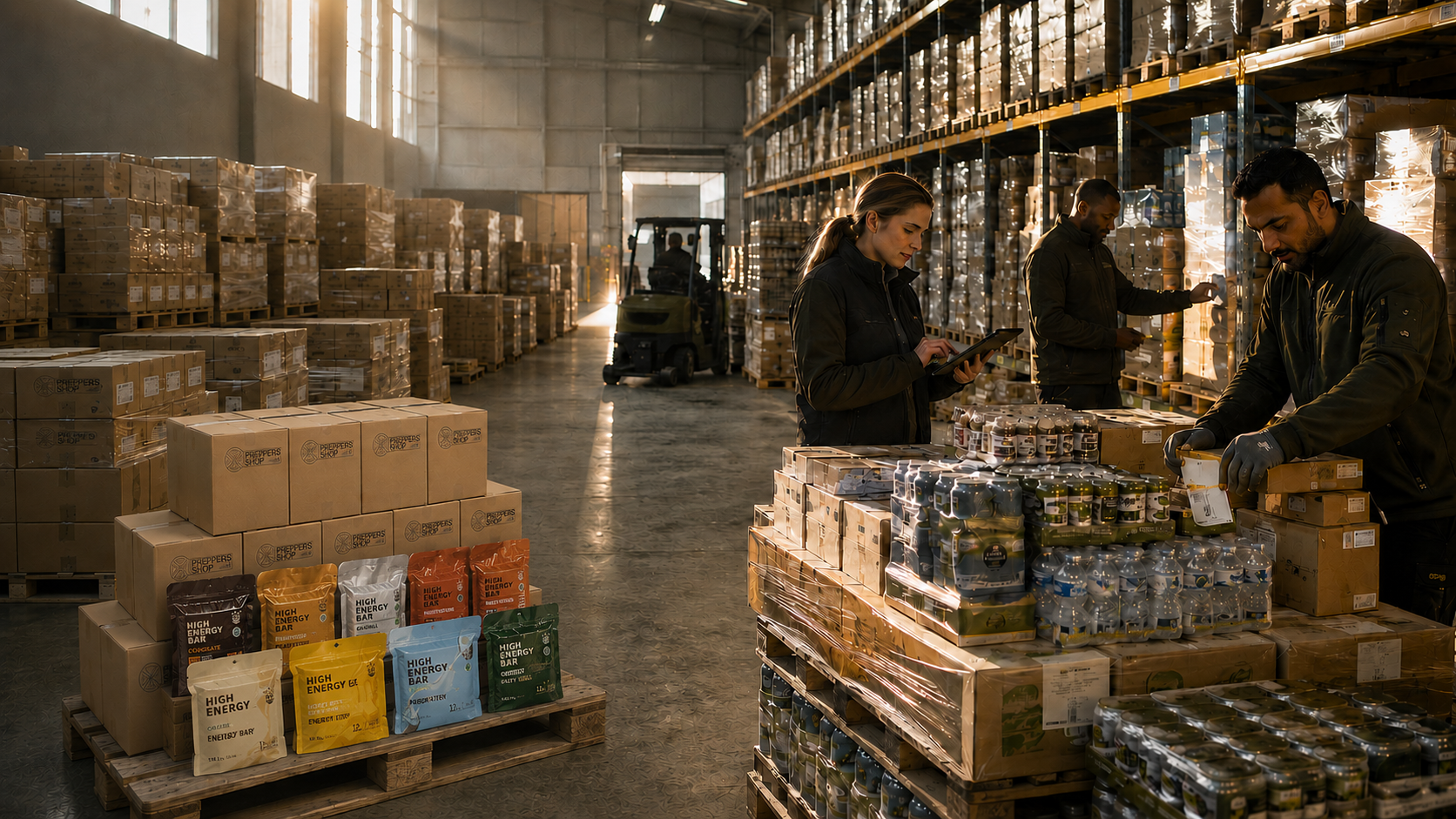 Logistics team checking and preparing bulk emergency food pallets in a modern warehouse